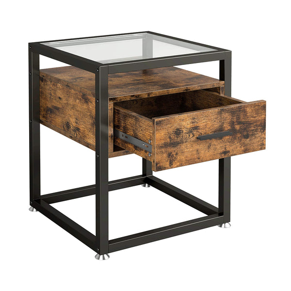 Industrial Side Tables Living Room, Nightstand Bedroom with Drawer and Rustic Shelf