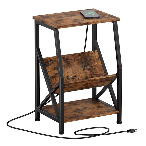 Side Table, Small End Tables with Storage, Wireless Charging Nightstand for Living Room, Bedroom, Home Office, Industrial Sturdy Accent Table, Vintage Brown