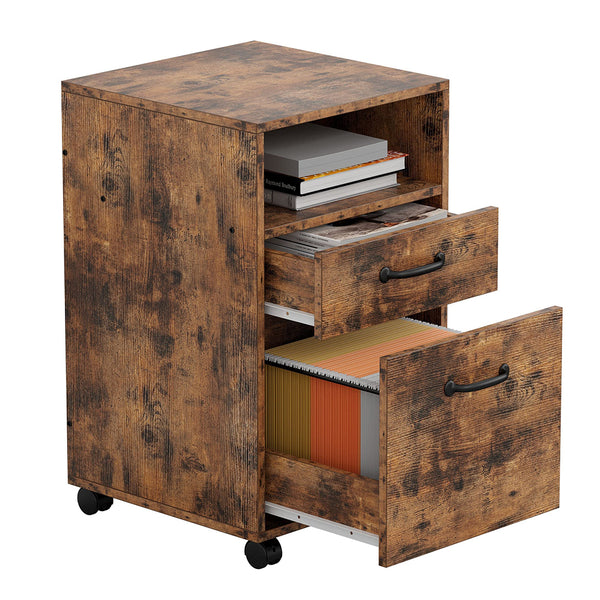 Lateral Filing Cabinet with 2 Drawers Industrial Printer Stand on Wheels Home Office Cabinet Open Shelf Mobile Vertical File Cabinet, Vintage Brown