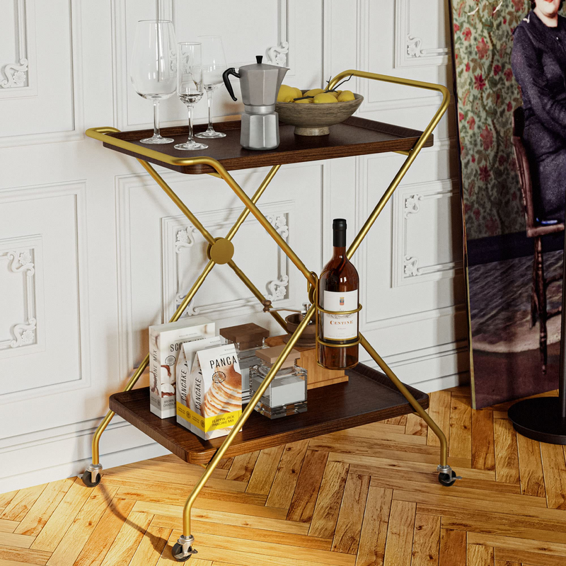 Bar Cart with Wine Rack, 2 Tier Kitchen Cart on Wheels Industrial Coffee Cart, Liquor cart with Wine Bottle Holders