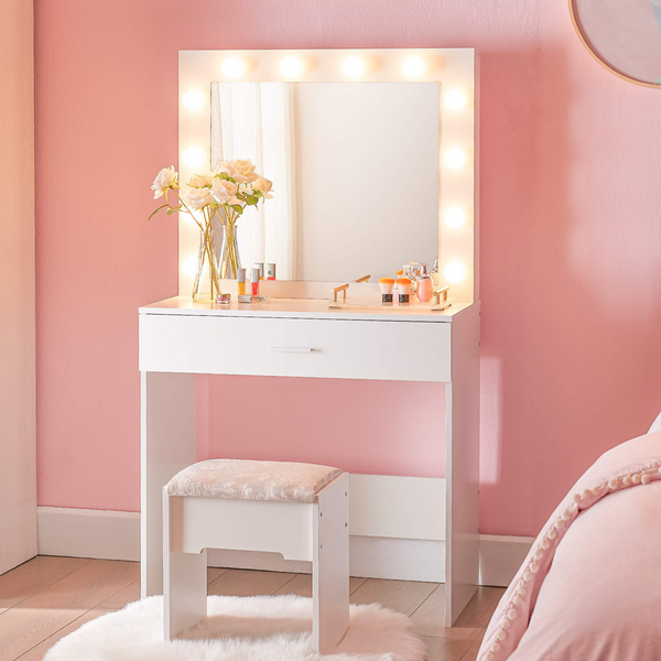 3 Color Lighting Modes Vanity Set with Lighted Mirror, Makeup Vanity Dressing Table with Large Drawer for Bedroom