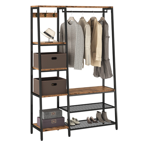 Coat Rack with Shelves,5-in-1 Hall Tree with Entryway Bench Wood and Metal Frame 5-Tier Display Shelves with Hooks, Vintage Brown