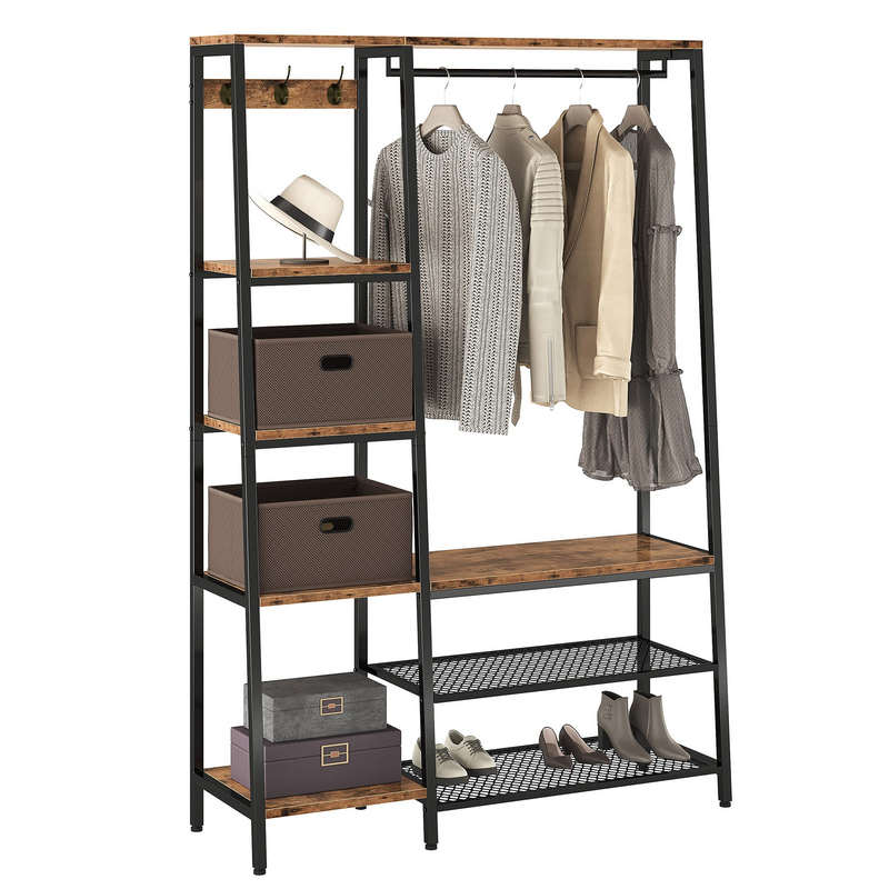 Coat Rack with Shelves,5-in-1 Hall Tree with Entryway Bench Wood and Metal Frame 5-Tier Display Shelves with Hooks, Vintage Brown