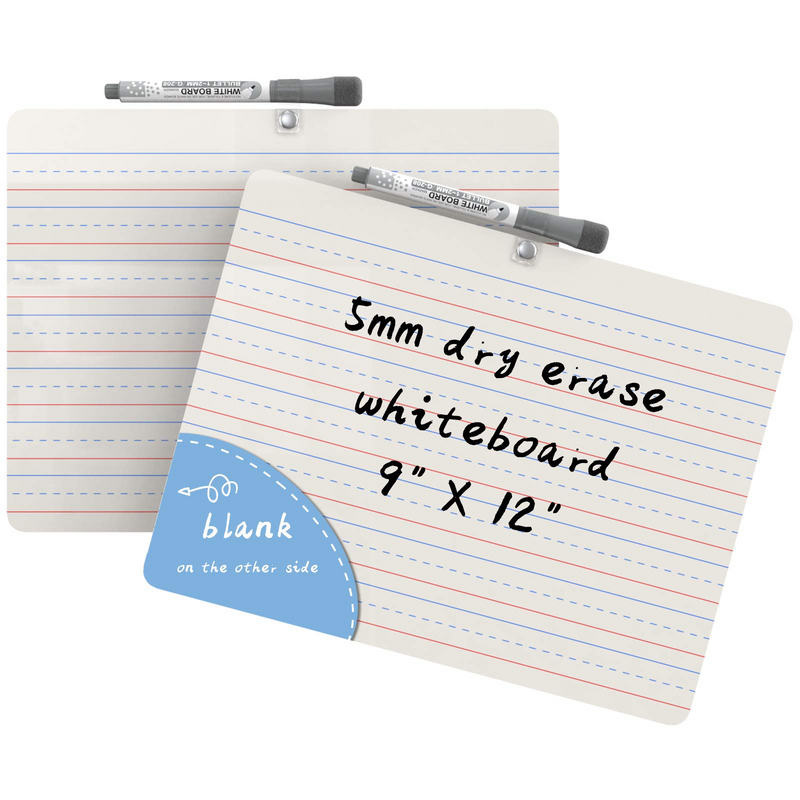 Dry Erase White Board for Kids,5 mm Mini Dry Erase Lapboard Portable 9x12 inches Learning WhiteBoard, Double Sided, Lined/Plain Writeboard with Black Marker for Students