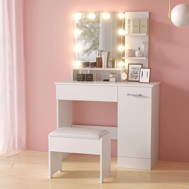 Cozy Castle Black Vanity Table with DIY Lighted Mirror, Makeup Vanity Table Set with Drawer and Storage Cabinet, Dressing Table with Vanity Cushioned Stool for Bedroom, Makeup Room