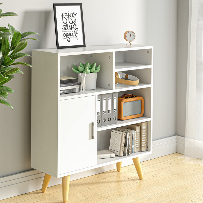 White Wood Storage Cabinet, Elegent Mordern Accent Kitchen Canbinets with Door and 5 Shelves