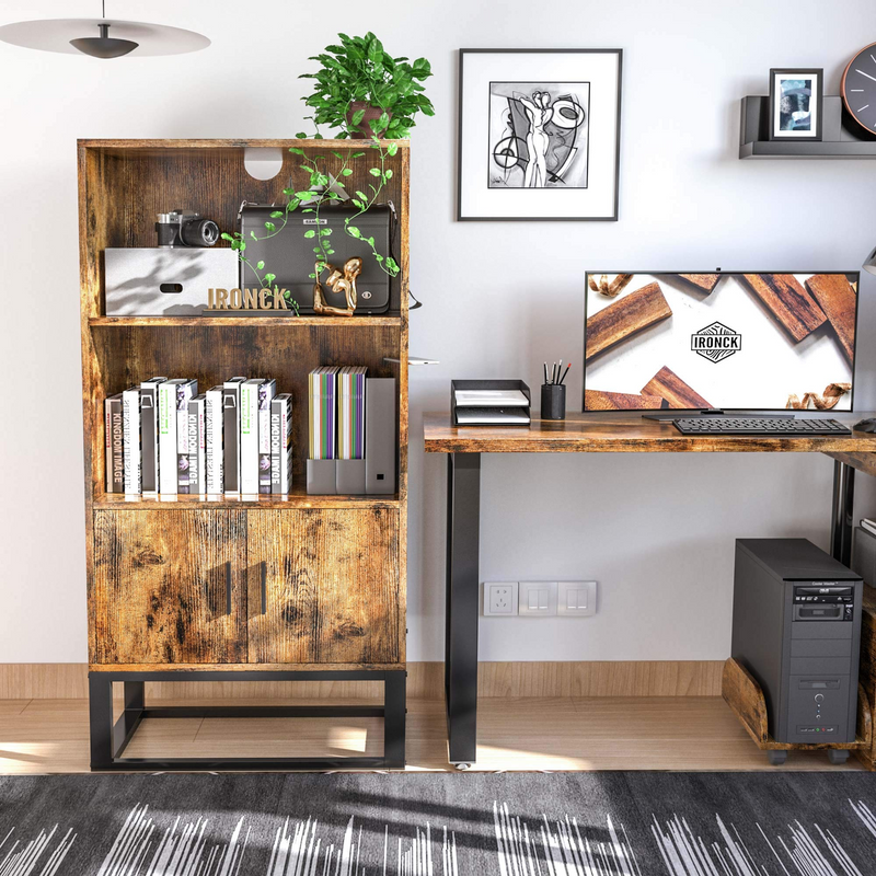 Bookcase and Bookshelf with Doors, Wood and Metal Mini Bookshelves