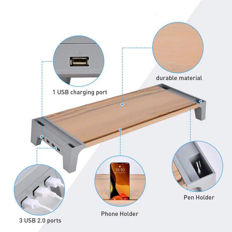 Monitor Stand Riser 22 Inch with USB Fast Charging Desk Storage Organizer. 4 Hub and Support Transfer Data and Charging,Computer Screen &Desk Shelf Riser