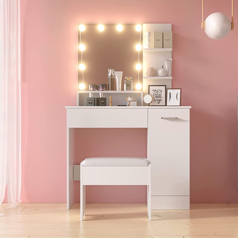Cozy Castle Black Vanity Table with DIY Lighted Mirror, Makeup Vanity Table Set with Drawer and Storage Cabinet, Dressing Table with Vanity Cushioned Stool for Bedroom, Makeup Room