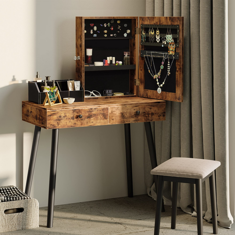 Vanity Table with Jewelry Armoire with Mirror, Vanity Set with Stool, Rustic Makeup Dressing Table, Vintage Brown