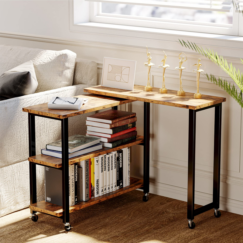 End Tables, 360°Sofa Side Table,Free Rotating, 2 Ties Storage Shelves, Sturdy Laptop Desk for Couch for Home Office, Living Room, Rustic Brown