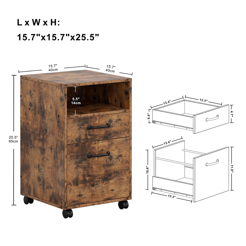 Lateral Filing Cabinet with 2 Drawers Industrial Printer Stand on Wheels Home Office Cabinet Open Shelf Mobile Vertical File Cabinet, Vintage Brown
