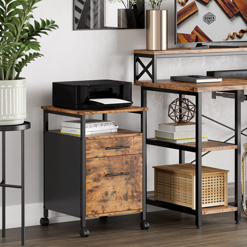 Industrial File Cabinet, Filing Cabinet on Wheels, Printer Stand with 2 Drawers, Open Shelf, for A4,