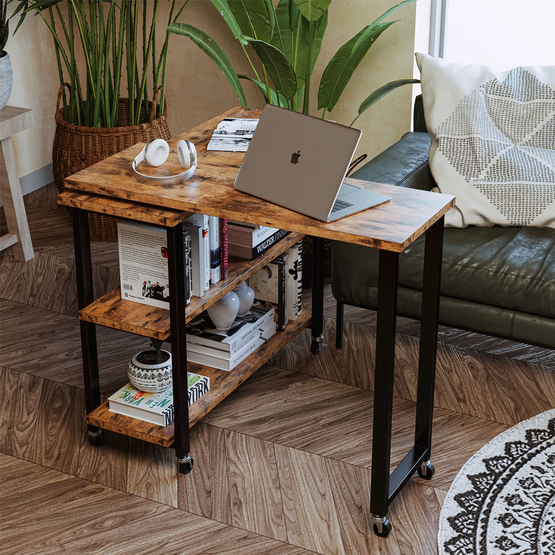 End Tables, 360°Sofa Side Table,Free Rotating, 2 Ties Storage Shelves, Sturdy Laptop Desk for Couch for Home Office, Living Room, Rustic Brown