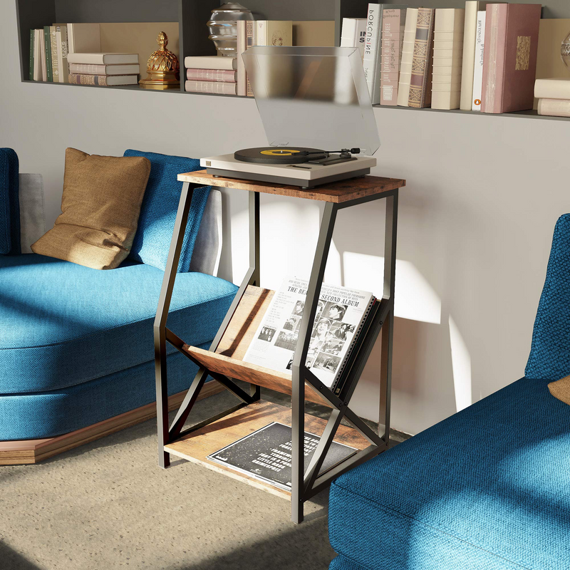 Record Player Stand with Storage Wood Look Industrial Accent Table, MDF Board with Metal Frame