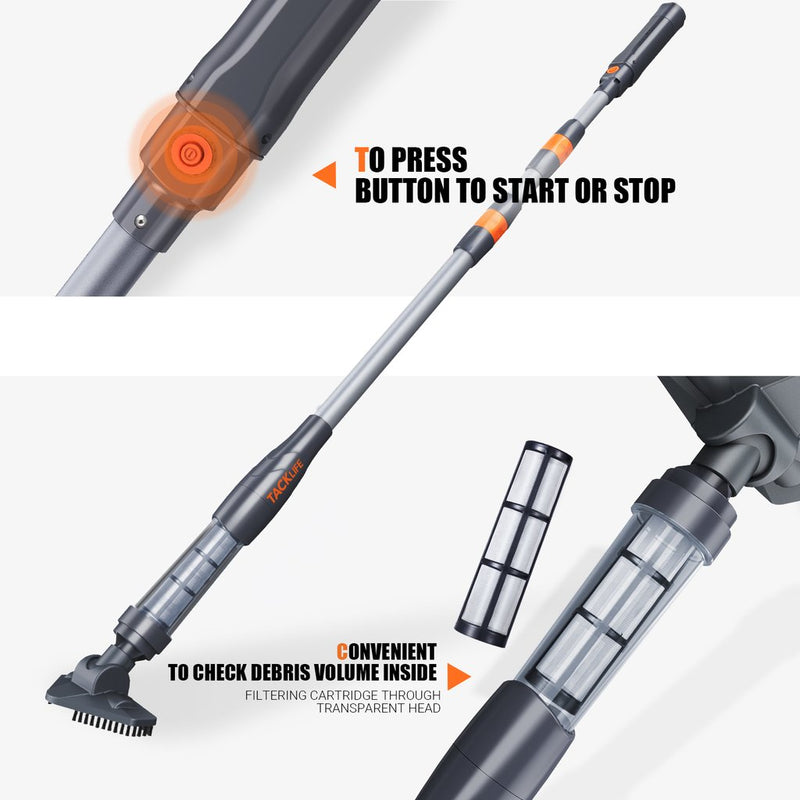 TKHPVLT Handheld Pool Vacuum, 2200 MAh, 75+ Mins Run Time, 92'' Total Reach, Extendable Pool Cleaner, Twist Lock And Lightweight Design. Ideal For Spa, Small Swimming Pool Clean Up