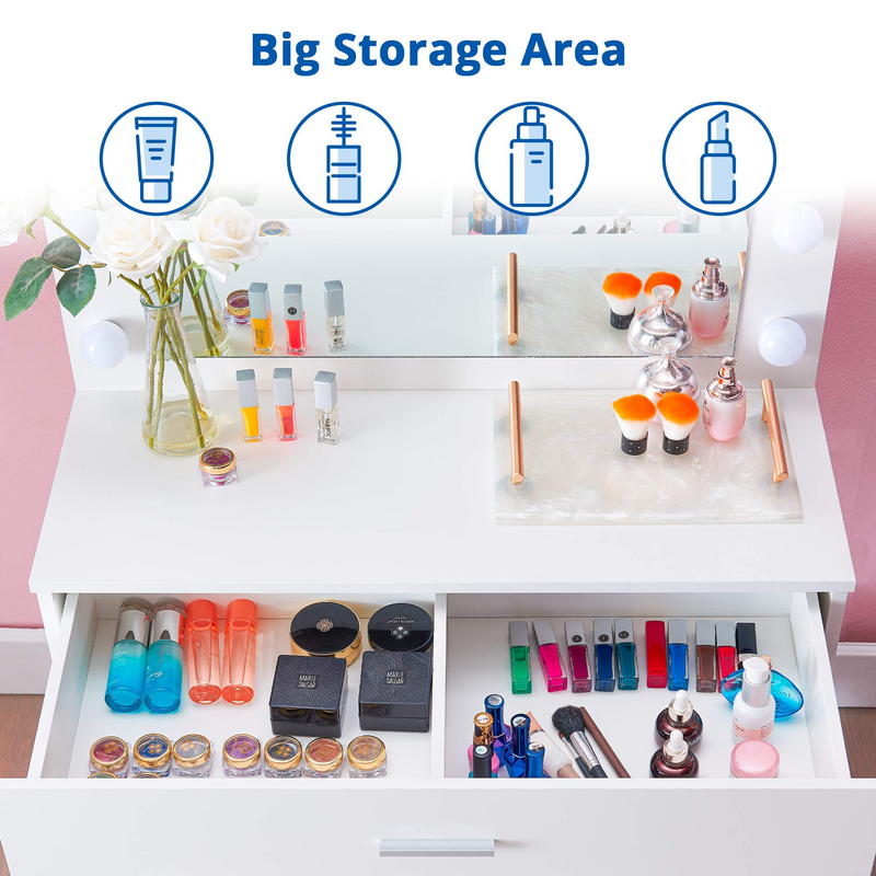 3 Color Lighting Modes Vanity Set with Lighted Mirror, Makeup Vanity Dressing Table with Large Drawer for Bedroom