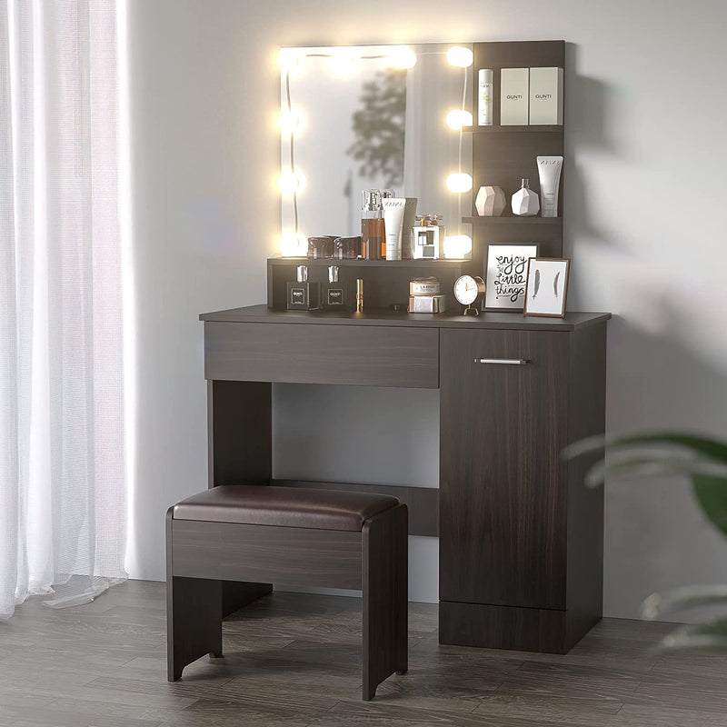 Cozy Castle Black Vanity Table with DIY Lighted Mirror, Makeup Vanity Table Set with Drawer and Storage Cabinet, Dressing Table with Vanity Cushioned Stool for Bedroom, Makeup Room