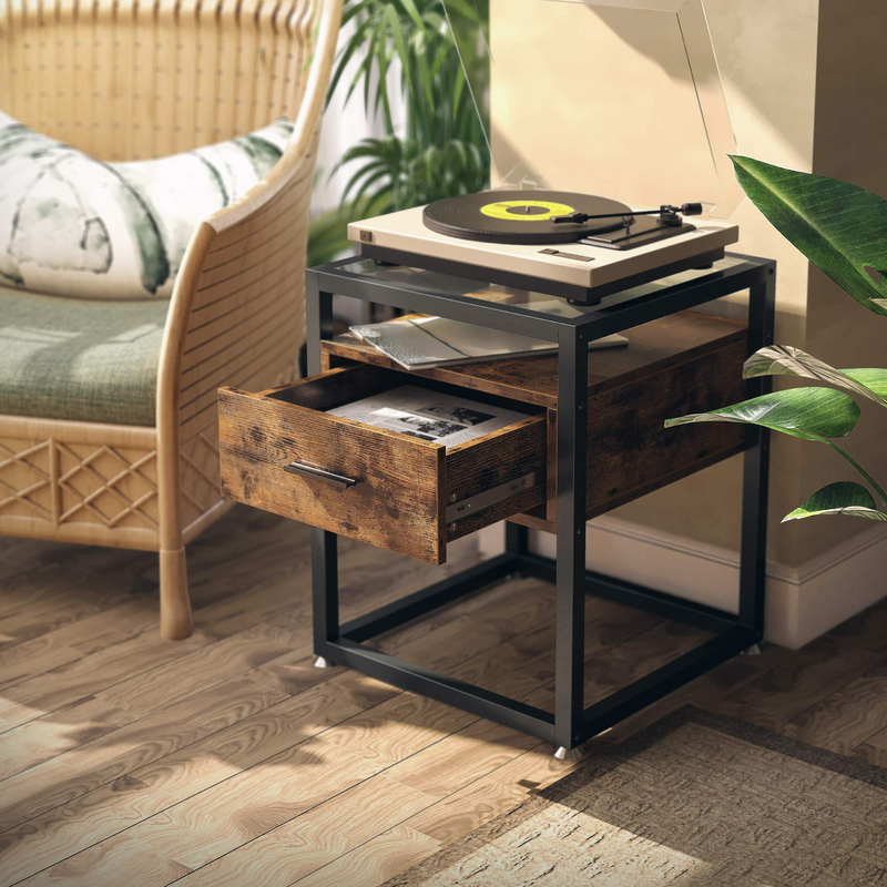 Industrial Side Tables Living Room, Nightstand Bedroom with Drawer and Rustic Shelf