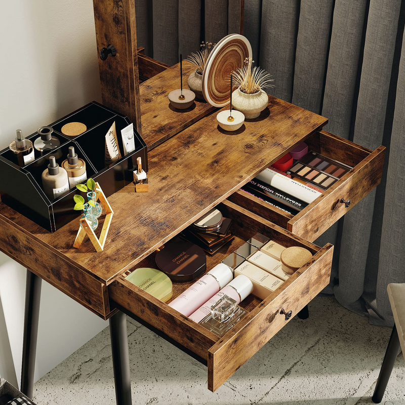 Vanity Table with Jewelry Armoire with Mirror, Vanity Set with Stool, Rustic Makeup Dressing Table, Vintage Brown