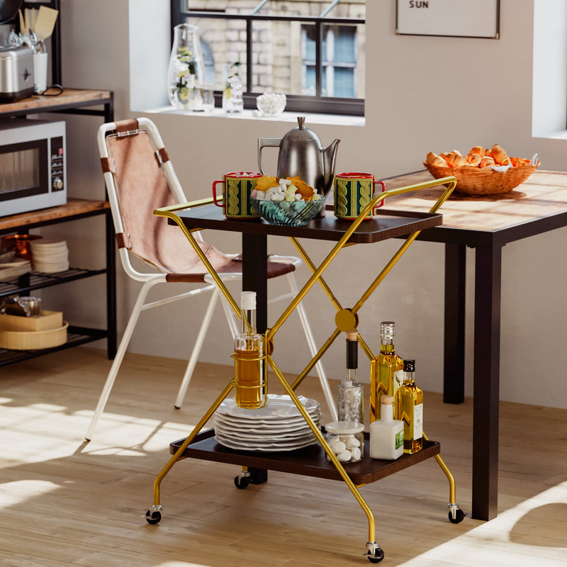 Bar Cart with Wine Rack, 2 Tier Kitchen Cart on Wheels Industrial Coffee Cart, Liquor cart with Wine Bottle Holders