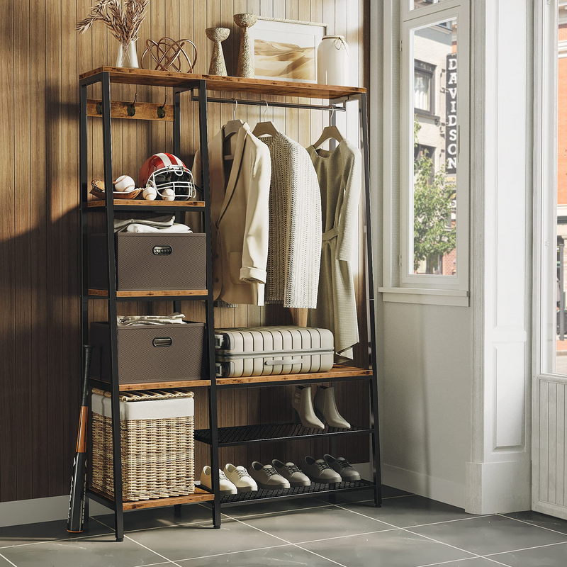 Coat Rack with Shelves,5-in-1 Hall Tree with Entryway Bench Wood and Metal Frame 5-Tier Display Shelves with Hooks, Vintage Brown