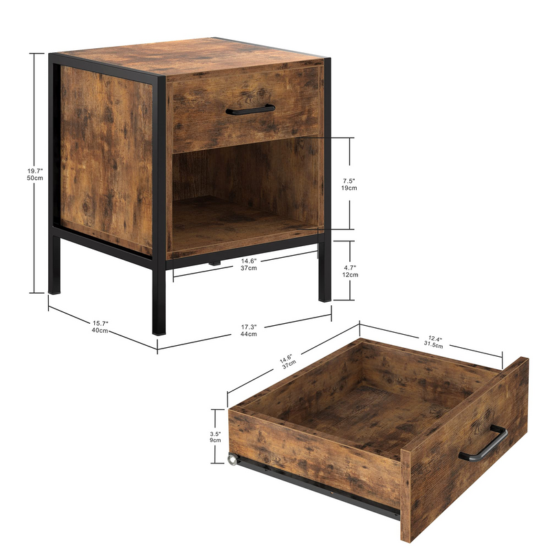 End Table,17" Side Table with Storage,Industrial Narrow Bedside Table for Small Spaces Living Room Bedroom,Thicker MDF Board with Frame,Vintage Brown