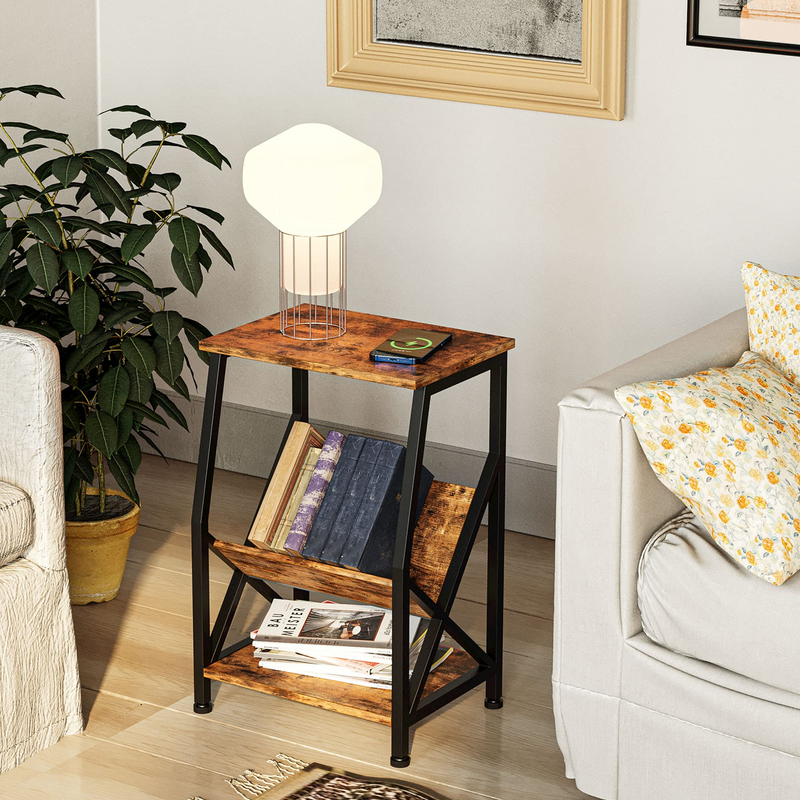 Side Table, Small End Tables with Storage, Wireless Charging Nightstand for Living Room, Bedroom, Home Office, Industrial Sturdy Accent Table, Vintage Brown