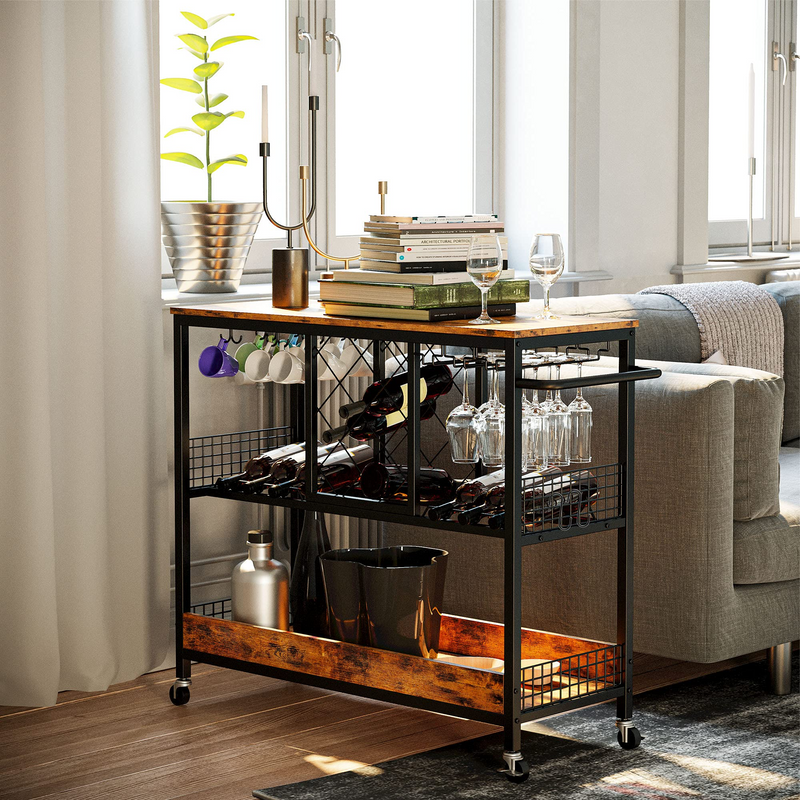 Wine Rack Table, Industrial Bar Cart on Wheels Kitchen Storage Cart