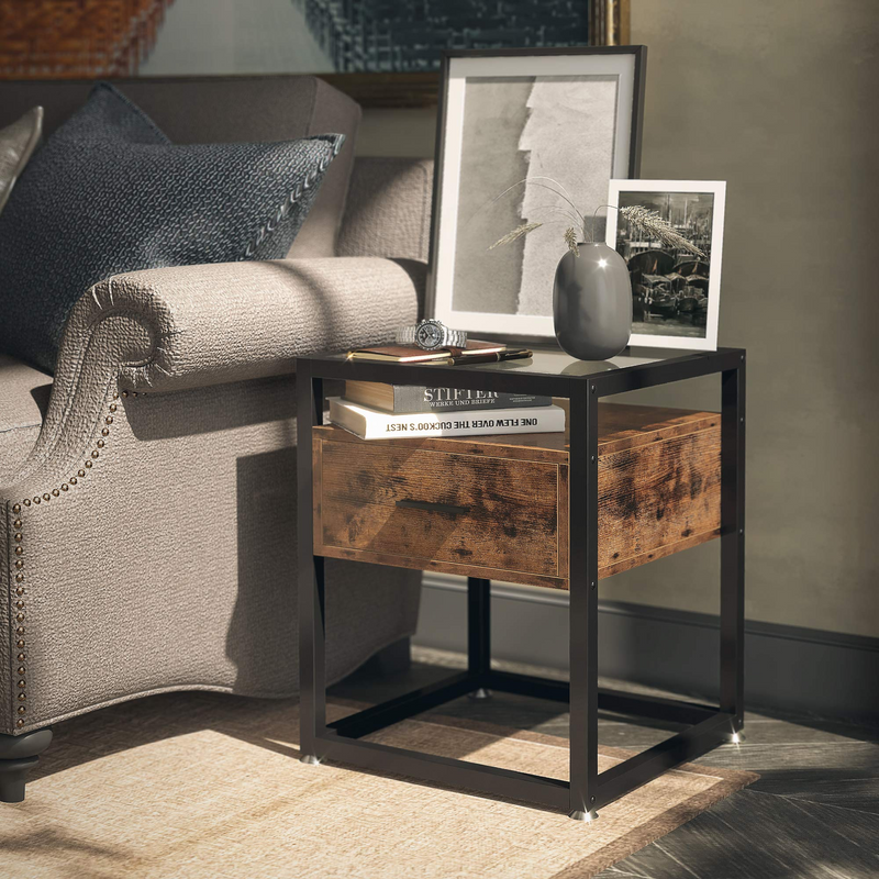 Industrial Side Tables Living Room, Nightstand Bedroom with Drawer and Rustic Shelf