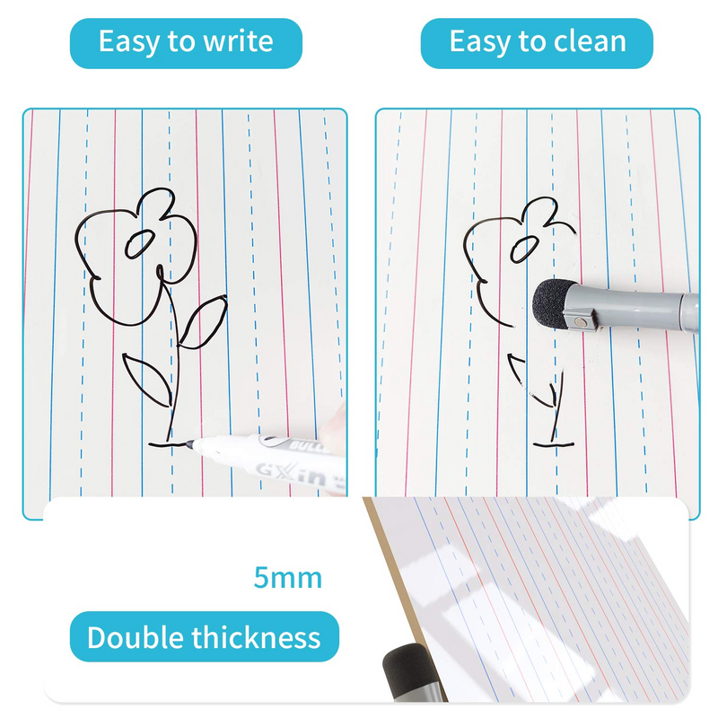 Dry Erase White Board for Kids,5 mm Mini Dry Erase Lapboard Portable 9x12 inches Learning WhiteBoard, Double Sided, Lined/Plain Writeboard with Black Marker for Students