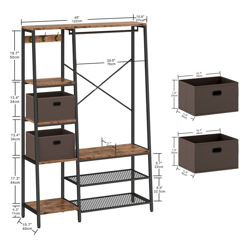 Coat Rack with Shelves,5-in-1 Hall Tree with Entryway Bench Wood and Metal Frame 5-Tier Display Shelves with Hooks, Vintage Brown