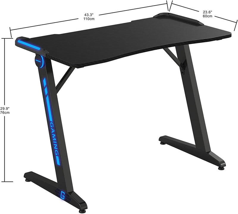 Gaming Desk 47 inch PC R-Shaped Gaming Table with RGB Lighting,Carbon Fiber Desktop Black