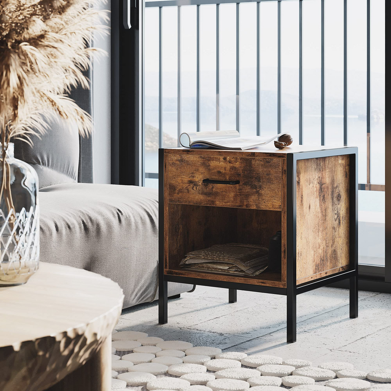 End Table,17" Side Table with Storage,Industrial Narrow Bedside Table for Small Spaces Living Room Bedroom,Thicker MDF Board with Frame,Vintage Brown