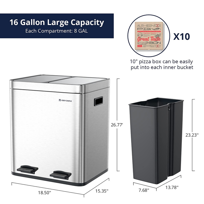 Trash can, 60L/16 Gal Dual Garbage Can, Recycling Bin with Dual Compartments, Stainless Steel Step Kitchen Trash Can with Soft-Close Lid & Foot Pedals, Dual Trash Can for Recycling
