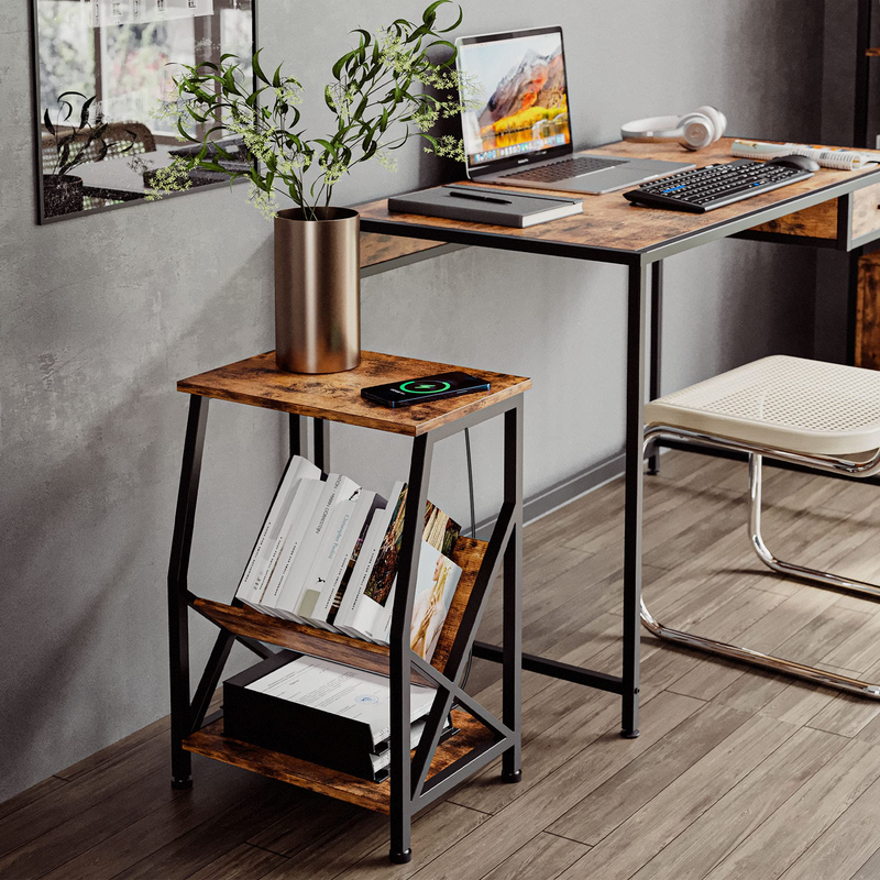 Side Table, Small End Tables with Storage, Wireless Charging Nightstand for Living Room, Bedroom, Home Office, Industrial Sturdy Accent Table, Vintage Brown