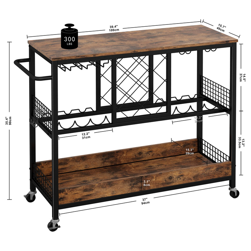 Wine Rack Table, Industrial Bar Cart on Wheels Kitchen Storage Cart