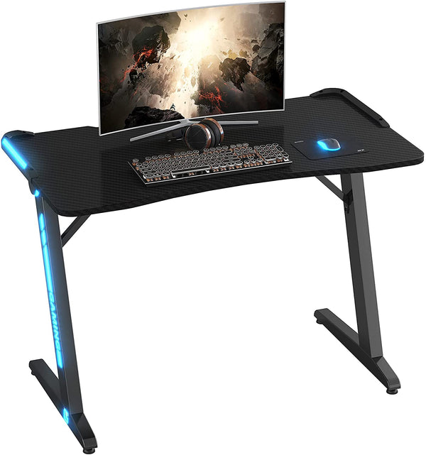 Gaming Desk 47 inch PC R-Shaped Gaming Table with RGB Lighting,Carbon Fiber Desktop Black