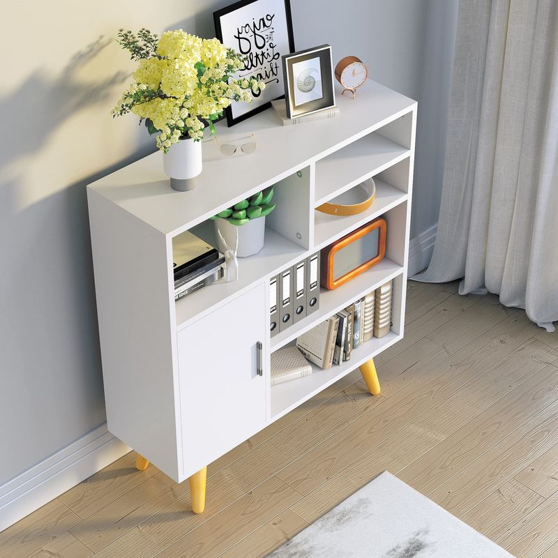 White Wood Storage Cabinet, Elegent Mordern Accent Kitchen Canbinets with Door and 5 Shelves