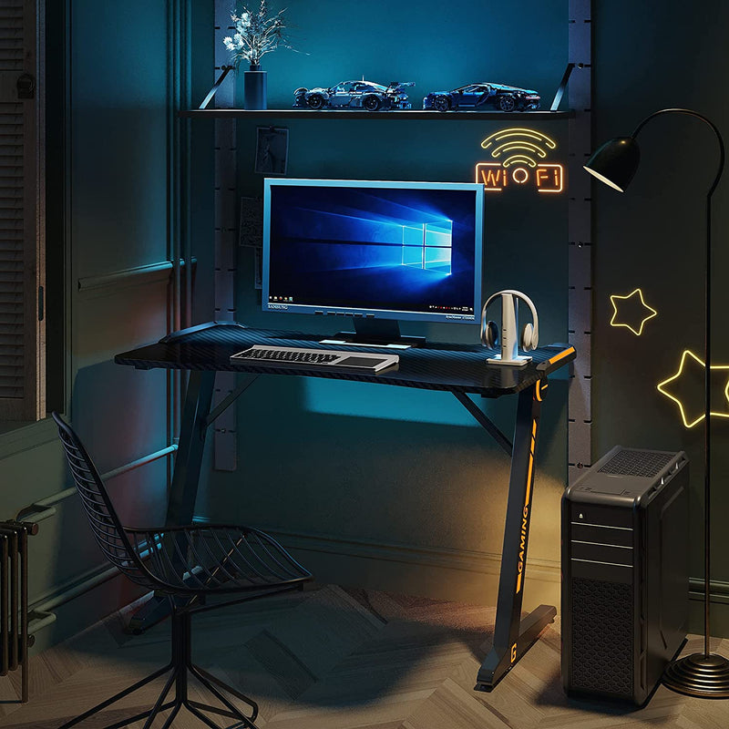 Gaming Desk 47 inch PC R-Shaped Gaming Table with RGB Lighting,Carbon Fiber Desktop Black