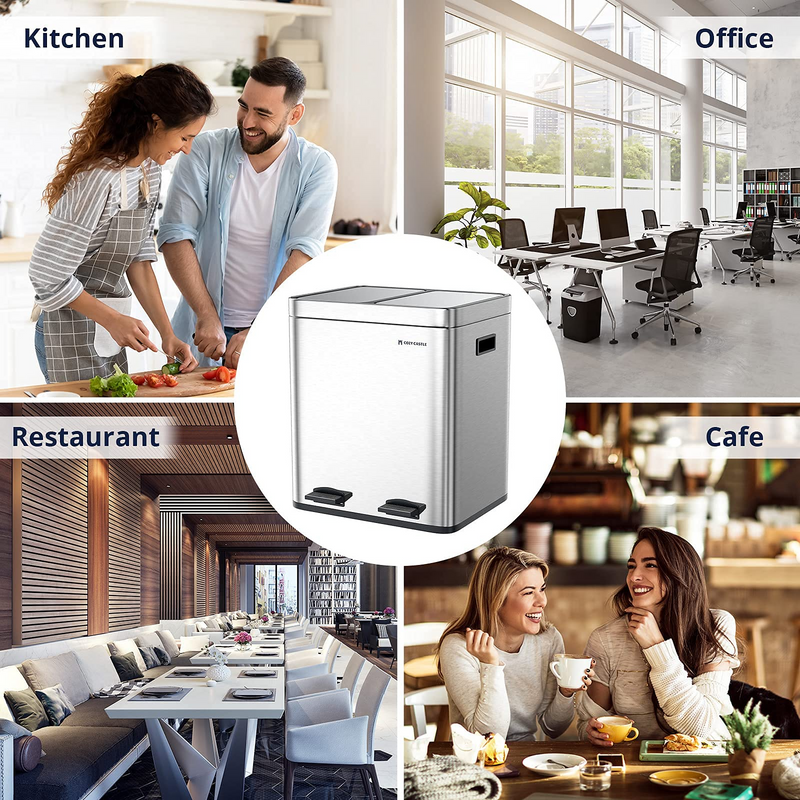 Trash can, 60L/16 Gal Dual Garbage Can, Recycling Bin with Dual Compartments, Stainless Steel Step Kitchen Trash Can with Soft-Close Lid & Foot Pedals, Dual Trash Can for Recycling