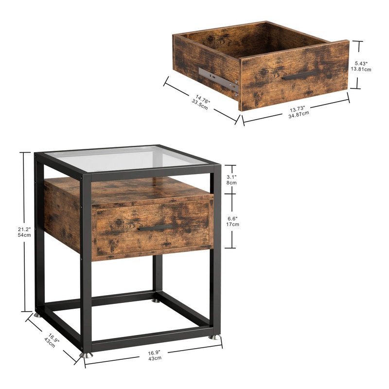 Industrial Side Tables Living Room, Nightstand Bedroom with Drawer and Rustic Shelf