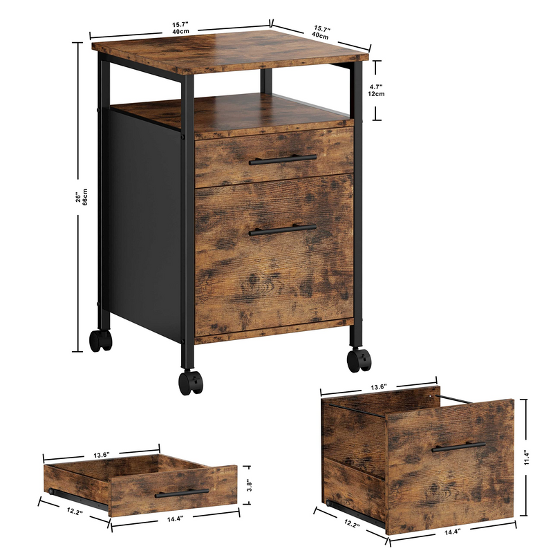 Industrial File Cabinet, Filing Cabinet on Wheels, Printer Stand with 2 Drawers, Open Shelf, for A4,