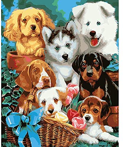 DIY Painting by Number Kits, Animal Series with Frame Canvas for Adults/Kids/Beginners, Dog Series 16×20 Inch Digital Drawing, Paintwork with Paint-Brushes for Wall Art Decor