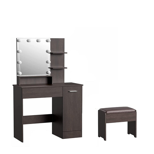 Cozy Castle Black Vanity Table with DIY Lighted Mirror, Makeup Vanity Table Set with Drawer and Storage Cabinet, Dressing Table with Vanity Cushioned Stool for Bedroom, Makeup Room