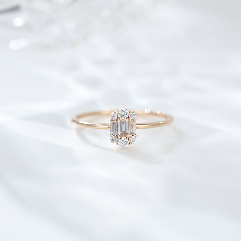 Unique badguette engagement ring Silver 925 Rose gold Moissanite Engagement Ring, art deco Cluster engagement ring for her