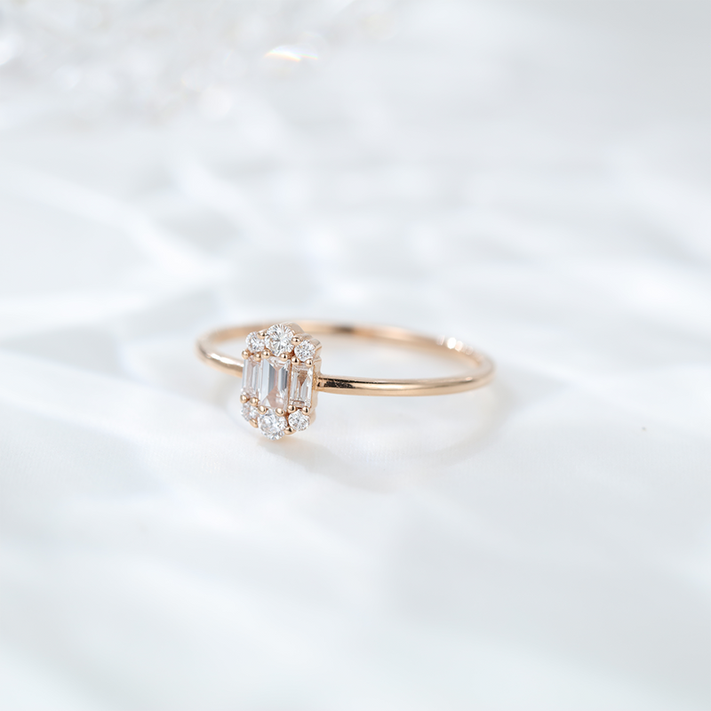 Unique badguette engagement ring Silver 925 Rose gold Moissanite Engagement Ring, art deco Cluster engagement ring for her