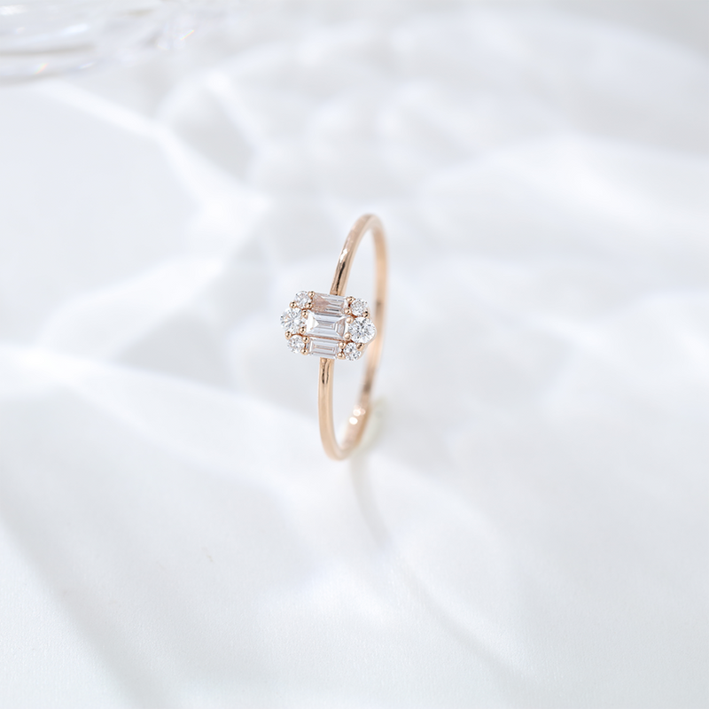 Unique badguette engagement ring Silver 925 Rose gold Moissanite Engagement Ring, art deco Cluster engagement ring for her
