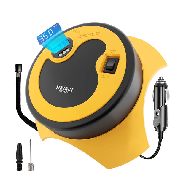 ILYBEEN Tire Inflator Portable Air Compressor, DC 12V Auto Tire Pump, Digital Air Pump with LED Light for Car Tires Bicycles Motocycle Basketball, Long Power Cord Auto Shut Off（Black/Orange）