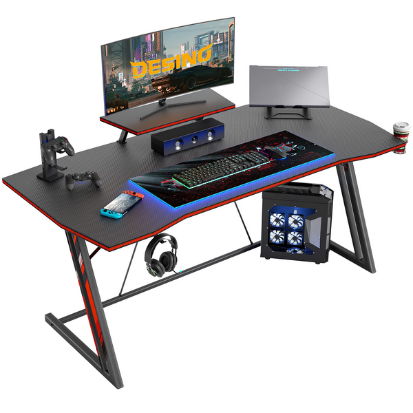 Gaming Desk 40 inch PC Computer Desk, Home Office Desk Gaming Table Z Shaped Gamer Workstation with Cup Holder and Headphone Hook, Black
